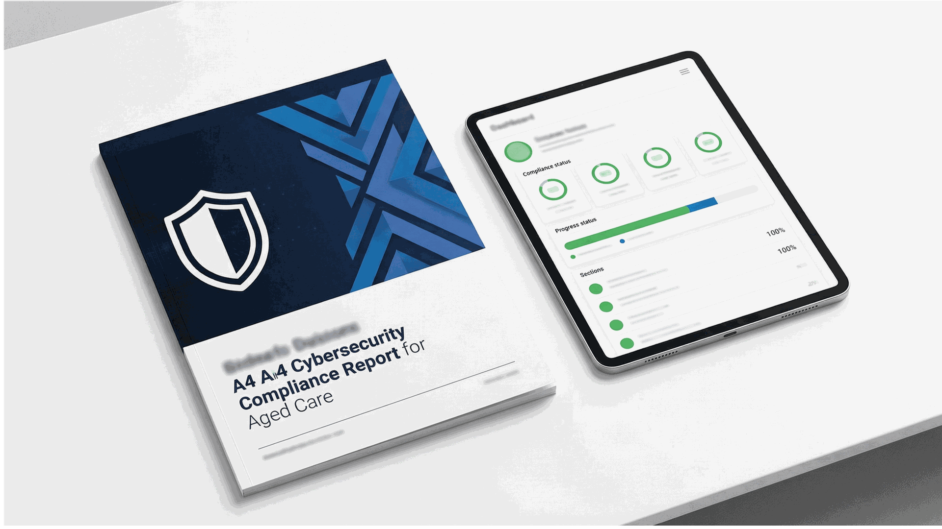 Mockup of the Cohero Aged Care Cybersecurity Compliance Report and a tablet showing a green compliance dashboard.
